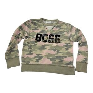 Girls Place Camo BOSS Sequin Sweatshirt Size 5/6 Pink Green Crewneck Pullover